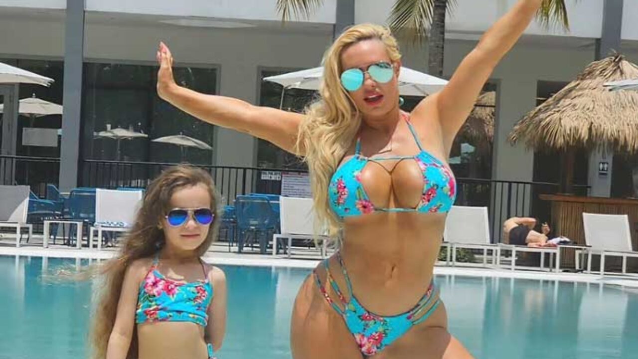 Coco Austin and daughter wear matching neon pink bikinis for poolside photo  shoot