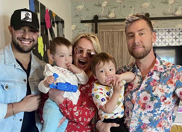 Britney Spears and husband Sam Asghari with Lance Bass' twin babies (Image: Instagram)
