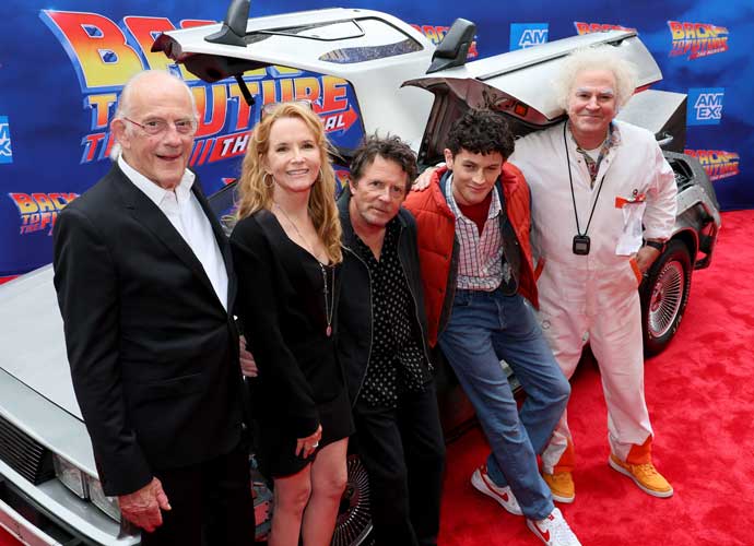 NEW YORK, NEW YORK - JULY 25: (L-R) Christopher Lloyd, Lea Thompson, Michael J. Fox, Casey Likes, and Roger Bart attend the 