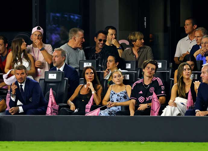 FORT LAUDERDALE, FLORIDA - JULY 21: (L-R) Co-owner David Beckham, singer Victoria Beckham, Harper Beckham, a guest, Cruz Beckham and owner Jorge Mas look on as singer Marc Anthony (back, centre in sunglasses) laughs during the Leagues Cup 2023 match between Cruz Azul and Inter Miami CF at DRV PNK Stadium on July 21, 2023 in Fort Lauderdale, Florida. (Photo by Mike Ehrmann/Getty Images)