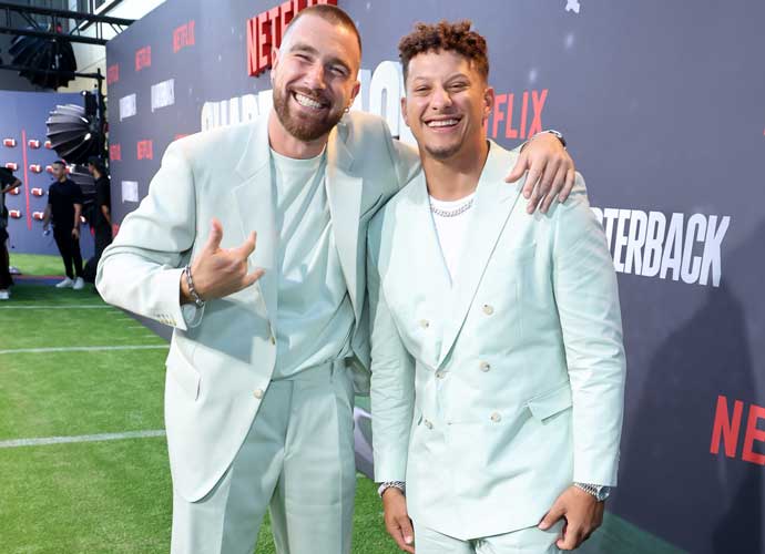 HOLLYWOOD, CALIFORNIA - JULY 11: Travis Kelce and Patrick Mahomes attend the Los Angeles Premiere Of Netflix's 