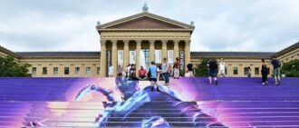 PHILADELPHIA, PENNSYLVANIA - AUGUST 15: A view of the iconic stairs at Philadelphia Museum of Art during the Warner Bros. Pictures' Celebration of BLUE BEETLE on August 15, 2023 in Philadelphia, Pennsylvania. (Photo by Lisa Lake/Getty Images for Warner Bros)