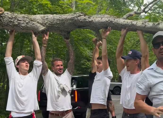 Cruz and David Beckham with Austin Butler (far right) clear a fallen tree in Canada (Image: Instagram)