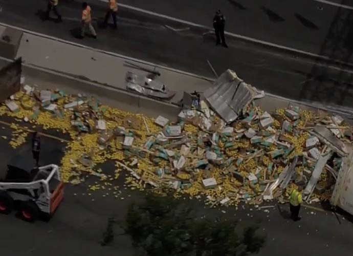Lemon truck overturns on New Jersey highway (Image: YouTube)
