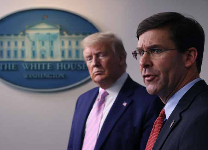 WASHINGTON, DC - APRIL 01: Secretary of Defense Mark Esper speaks as U.S. President Donald Trump listens during the daily White House coronavirus press briefing April 1, 2020 in Washington, DC. After announcing yesterday that COVID-19 could kill between 100,000 and 240,000 Americans, the Trump administration is also contending with the economic effects of the outbreak as the stock market continues to fall, businesses remain closed, and companies lay off and furlough employees. (Image: Getty)