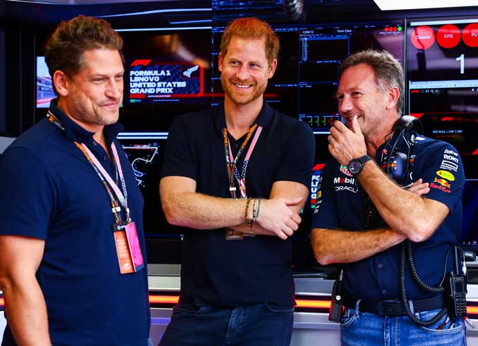 AUSTIN, TEXAS - OCTOBER 22: Red Bull Racing Team Principal Christian Horner talks with Prince Harry, Duke of Sussex in the garage prior to the F1 Grand Prix of United States at Circuit of The Americas on October 22, 2023 in Austin, Texas. (Photo by Mark Thompson/Getty Images)