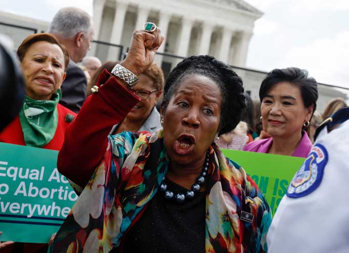 WASHINGTON, DC - JUNE 24: Rep. Sheila Jackson Lee (D-TX) speaks to Abortion-rights activists after the announcement to the Dobbs v Jackson Women's Health Organization ruling in front of the U.S. Supreme Court on June 24, 2022 in Washington, DC. The Court's decision in Dobbs v Jackson Women's Health overturns the landmark 50-year-old Roe v Wade case and erases a federal right to an abortion. (Photo by Anna Moneymaker/Getty Images)