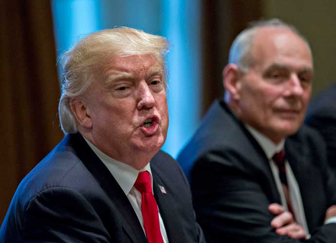 WASHINGTON, DC - OCTOBER 5: U.S. President Donald Trump speaks as White House chief of staff John Kelly at a briefing with senior military leaders in the Cabinet Room of the White House October 5, 2017 in Washington, D.C. Mattis said this week that the U.S. and allies are 