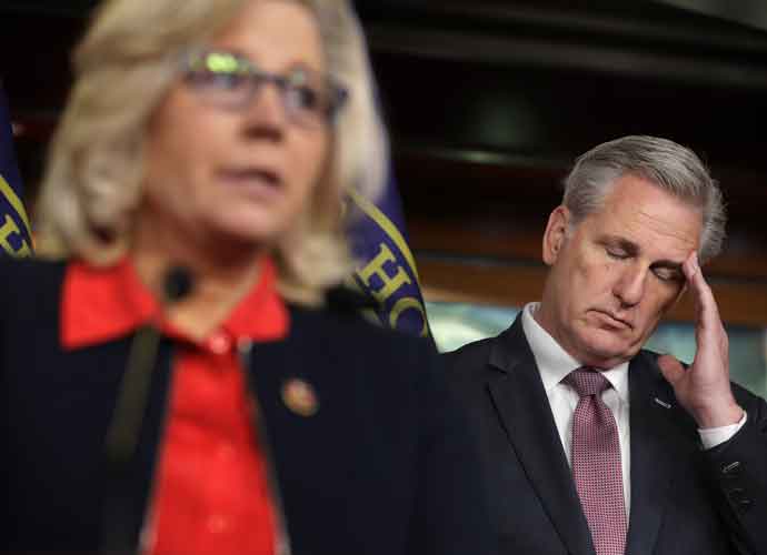 WASHINGTON, DC - FEBRUARY 13: House Minority Leader Kevin McCarthy (R-CA) (R) listens to House Republican Conference Chair Rep. Liz Cheney (R-WY) during a news conference following a caucus meeting at the U.S. Capitol Visitors Center February 13, 2019 in Washington, DC. McCarthy said that he supports the framework of a bipartisan spending deal that would avert another partial federal government shutdown but is waiting to read the bill before deciding on whether he would vote for it. (Photo by Chip Somodevilla/Getty Images)