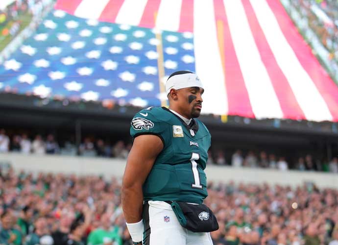 PHILADELPHIA, PENNSYLVANIA - NOVEMBER 5: Jalen Hurts #1 of the Philadelphia Eagles stands for the national anthem against the Dallas Cowboys at Lincoln Financial Field on November 5, 2023 in Philadelphia, Pennsylvania. (Photo by Mitchell Leff/Getty Images)