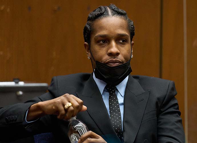 LOS ANGELES, CALIFORNIA - NOVEMBER 20: Rapper A$AP Rocky, drinks water at a preliminary hearing in his assault with a semi-automatic firearm case at the Clara Shortridge Foltz Criminal Justice Center on November 20, 2023 in Los Angeles, California. A$AP Rocky, real name Rakim Mayers, has been charged with two counts of assault with a semi-automatic firearm stemming from a November 2021 incident in Hollywood. (Photo by Allison Dinner-Pool/Getty Images)