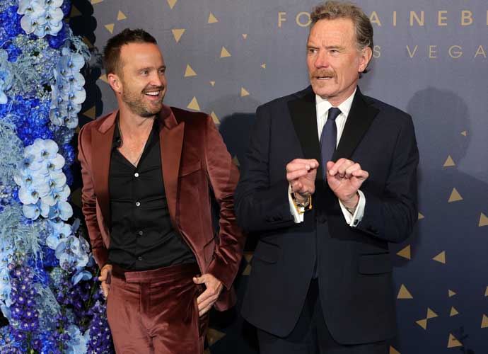 LAS VEGAS, NEVADA - DECEMBER 13: Aaron Paul (L) and Bryan Cranston attend the grand opening of Fontainebleau Las Vegas on December 13, 2023 in Las Vegas, Nevada. (Photo by Ethan Miller/Getty Images)