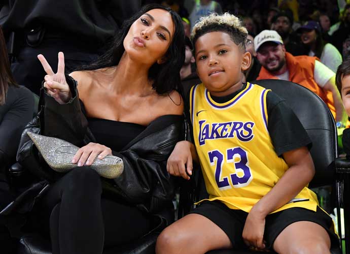 LOS ANGELES, CALIFORNIA - DECEMBER 05: Kim Kardashian and Saint West attend a basketball game between the Los Angeles Lakers and the Phoenix Suns at Crypto.com Arena on December 05, 2023 in Los Angeles, California. (Photo: Allen Berezovsky/Getty Images)