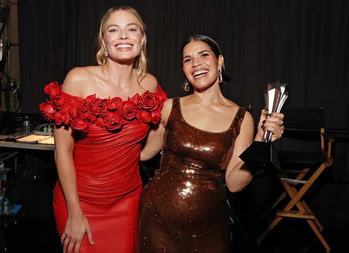 SANTA MONICA, CALIFORNIA - JANUARY 14: (L-R) Margot Robbie and America Ferrera, winner of the eighth annual SeeHer Award Award, pose backstage during the 29th Annual Critics Choice Awards at Barker Hangar on January 14, 2024 in Santa Monica, California. (Photo by Kevin Mazur/Getty Images for Critics Choice Association)