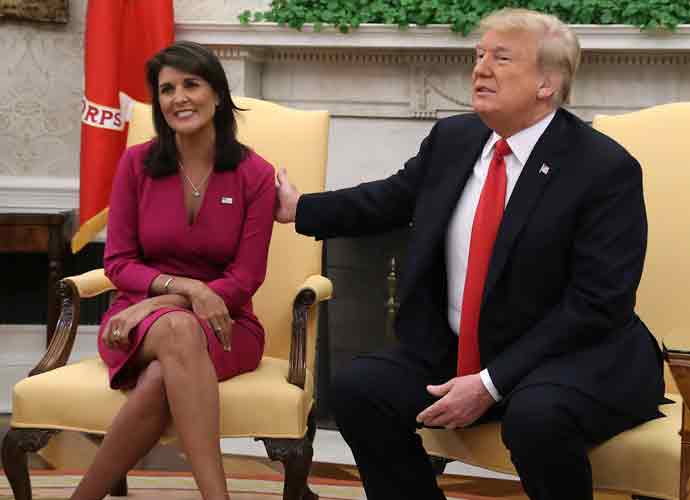 WASHINGTON, DC - OCTOBER 09: U.S. President Donald Trump announces that he has accepted the resignation of Nikki Haley as US Ambassador to the United Nations, in the Oval Office on October 9, 2018 in Washington, DC. President Trump said that Haley will leave her post by the end of the year. (Photo by Mark Wilson/Getty Images)