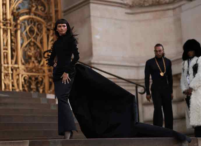 PARIS, FRANCE - JANUARY 22: Zendaya is seen wearing a black long turtleneck sleek dress outside Schiaparelli Show during the Haute Couture Spring/ Summer 2024 as part of Paris Fashion Week on January 22, 2024 in Paris, France. (Photo by Jeremy Moeller/Getty Images)