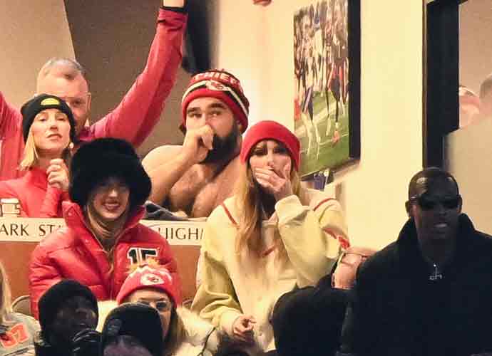 ORCHARD PARK, NY - JANUARY 21: Brittany Mahomes, Jason Kelce, and Taylor Swift react during the second half of the AFC Divisional Playoff game between the Kansas City Chiefs and the Buffalo Bills at Highmark Stadium on January 21, 2024 in Orchard Park, New York. (Photo by Kathryn Riley/Getty Images)