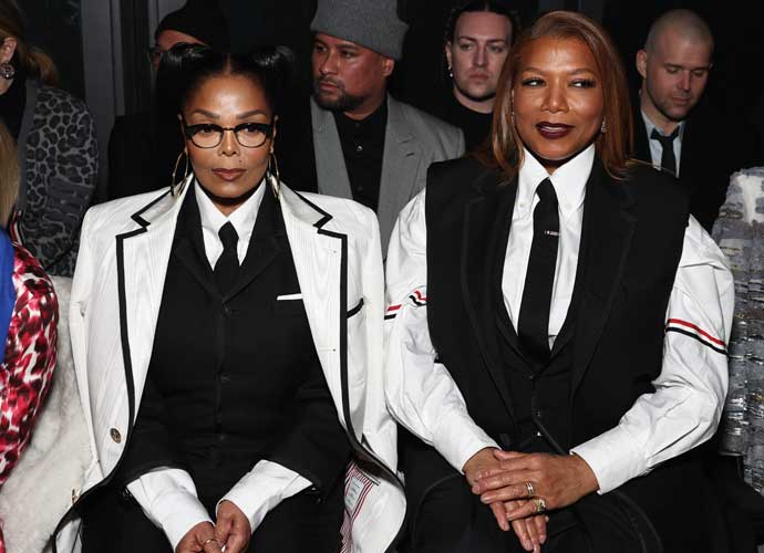 NEW YORK, NEW YORK - FEBRUARY 14: (L-R) Janet Jackson and Queen Latifah attend the Thom Browne fashion show during New York Fashion Week on February 14, 2024 in New York City. (Photo by Jamie McCarthy/Getty Images)