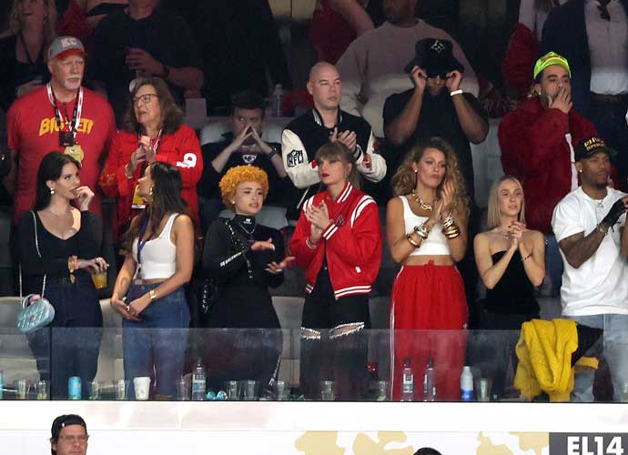 LAS VEGAS, NEVADA - FEBRUARY 11: (L-R) Lana Del Rey, Ice Spice, Taylor Swift, and Blake Lively attend the Super Bowl LVIII Pregame at Allegiant Stadium on February 11, 2024 in Las Vegas, Nevada. (Photo by Kevin Mazur/Getty Images for Roc Nation)