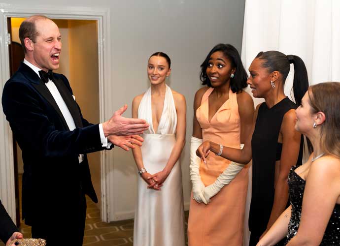 LONDON, ENGLAND - FEBRUARY 18: Prince William, Prince of Wales, president of Bafta meets EE Rising Stars Phoebe Dynevor, Ayo Edebiri, Sophie Wilde and Mia McKenna Bruce after the Bafta Film Awards 2024 at the Royal Festival Hall, Southbank Centre on February 18, 2024 in London, England. (Photo by Jordan Pettitt - WPA Pool/Getty Images)