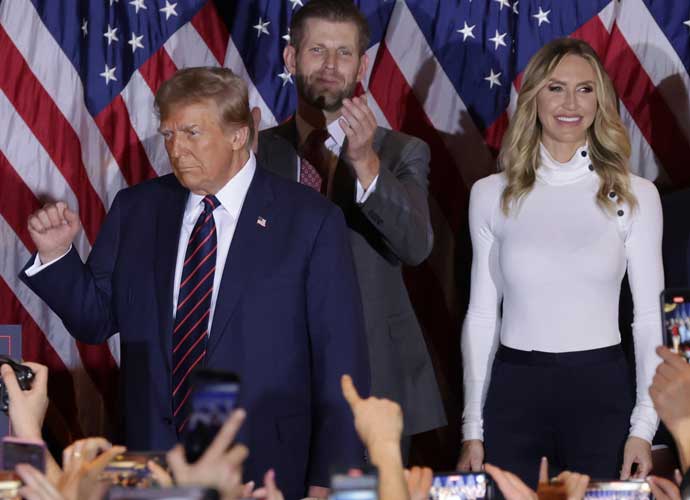 NASHUA, NEW HAMPSHIRE - JANUARY 23: Republican presidential candidate and former U.S. President Donald Trump delivers remarks alongside Eric and Lara Trump during his primary night rally at the Sheraton on January 23, 2024 in Nashua, New Hampshire. New Hampshire voters cast their ballots in their state's primary election today. With Florida Governor Ron DeSantis dropping out of the race Sunday, former President Donald Trump and former UN Ambassador Nikki Haley are battling it out in this first-in-the-nation primary. (Photo by Alex Wong/Getty Images)