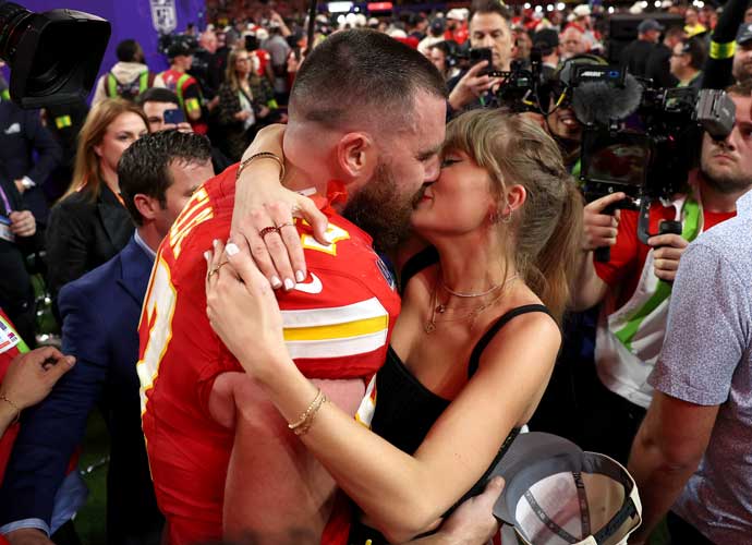 LAS VEGAS, NEVADA - FEBRUARY 11: Travis Kelce #87 of the Kansas City Chiefs and Taylor Swift kiss following the NFL Super Bowl 58 football game between the San Francisco 49ers and the Kansas City Chiefs at Allegiant Stadium on February 11, 2024 in Las Vegas, Nevada. (Photo by Michael Owens/Getty Images)