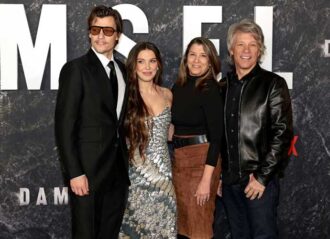 NEW YORK, NEW YORK - MARCH 01: (L-R) Jake Bongiovi, Millie Bobby Brown, Dorothea Hurley, and Jon Bon Jovi attend the Damsel World Premiere at The Plaza on March 01, 2024 in New York City. (Photo by Dimitrios Kambouris/Getty Images for Netflix)