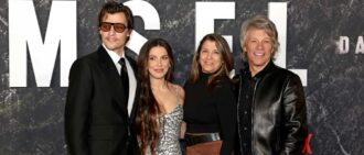 NEW YORK, NEW YORK - MARCH 01: (L-R) Jake Bongiovi, Millie Bobby Brown, Dorothea Hurley, and Jon Bon Jovi attend the Damsel World Premiere at The Plaza on March 01, 2024 in New York City. (Photo by Dimitrios Kambouris/Getty Images for Netflix)