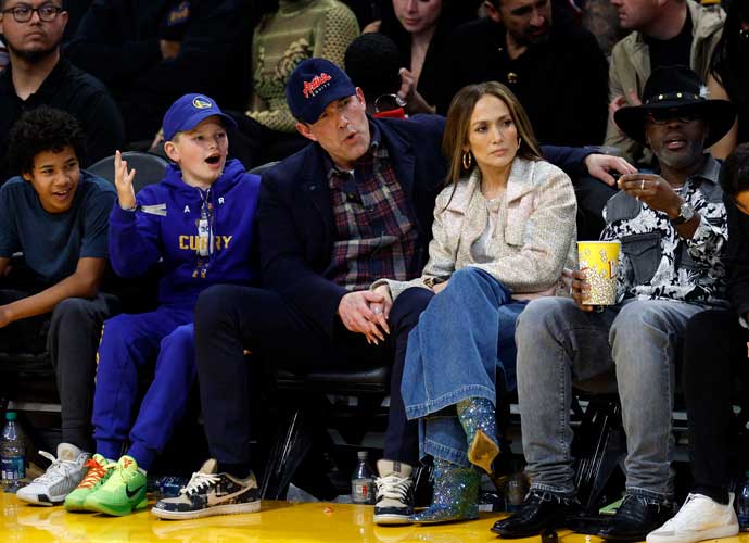 LOS ANGELES, CALIFORNIA - MARCH 16: Jennifer Lopez, Ben Affleck and his son Samuel Garner Affleck attend a basketball game between the Los Angeles Lakers and Golden State Warriors at Crypto.com Arena on March 16, 2024 in Los Angeles, California. NOTE TO USER: User expressly acknowledges and agrees that, by downloading and or using this photograph, User is consenting to the terms and conditions of the Getty Images License Agreement. (Photo by Kevork Djansezian/Getty Images)