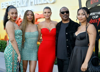 BEVERLY HILLS, CALIFORNIA - JUNE 20: (L-R) Bria Murphy, Shayne Audra Murphy, Paige Butcher, Eddie Murphy and Bella Murphy attend the Los Angeles Premiere Of Netflix's "Beverly Hills Cop: Axel F" at Wallis Annenberg Center for the Performing Arts on June 20, 2024 in Beverly Hills, California. (Photo by Leon Bennett/Getty Images)