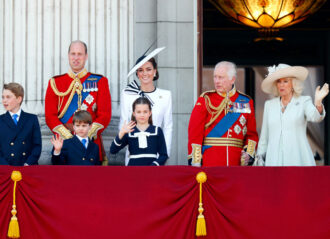 LONDON, UNITED KINGDOM - JUNE 15: Prince George of Wales, Prince William, Prince of Wales (Colonel of the Welsh Guards), Prince Louis of Wales, Princess Charlotte of Wales, Catherine, Princess of Wales, King Charles III, wearing his Irish Guards uniform, and Queen Camilla watch an RAF flypast from the balcony of Buckingham Palace after attending Trooping the Colour on June 15, 2024 in London, England. Trooping the Colour, also known as The King's Birthday Parade, is a military ceremony to mark the official birthday of the British Sovereign. The ceremony takes place at Horse Guards Parade followed by a flypast over Buckingham Palace and was first performed in the mid-17th century during the reign of King Charles II. The parade features all seven regiments of the Household Division with Number 9 Company, Irish Guards being the regiment this year having their Colour Trooped. (Photo by Max Mumby/Indigo/Getty Images)