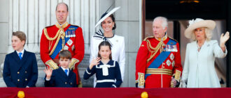 LONDON, UNITED KINGDOM - JUNE 15: Prince George of Wales, Prince William, Prince of Wales (Colonel of the Welsh Guards), Prince Louis of Wales, Princess Charlotte of Wales, Catherine, Princess of Wales, King Charles III, wearing his Irish Guards uniform, and Queen Camilla watch an RAF flypast from the balcony of Buckingham Palace after attending Trooping the Colour on June 15, 2024 in London, England. Trooping the Colour, also known as The King's Birthday Parade, is a military ceremony to mark the official birthday of the British Sovereign. The ceremony takes place at Horse Guards Parade followed by a flypast over Buckingham Palace and was first performed in the mid-17th century during the reign of King Charles II. The parade features all seven regiments of the Household Division with Number 9 Company, Irish Guards being the regiment this year having their Colour Trooped. (Photo by Max Mumby/Indigo/Getty Images)