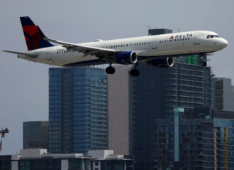 SAN DIEGO, CALIFORNIA - JUNE 28: A Delta Airlines Airbus A321-211 aircraft approaches San Diego International Airport for a landing from Atlanta on June 28, 2024 in San Diego, California. (Photo by Kevin Carter/Getty Images)