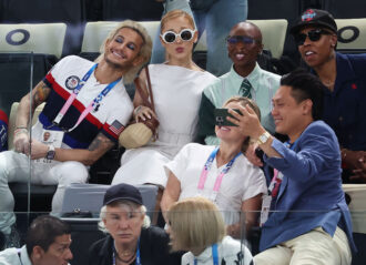 PARIS, FRANCE - JULY 28: (L-R) Frankie Grande, Ariana Grande, Cynthia Erivo and Lena Waithe pose for a selfie during the Artistic Gymnastics Women's Qualification on day two of the Olympic Games Paris 2024 at Bercy Arena on July 28, 2024 in Paris, France. (Photo by Ezra Shaw/Getty Images)