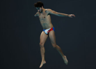 XI AN, CHINA - APRIL 15: Jules Bouyer of France competes during the Men's 3m Springboard Final on day two of the World Aquatics Diving World Cup 2023 at Xi'an Aoti Aquatic Centre on April 15, 2023 in Xi An, China. (Photo by Lintao Zhang/Getty Images)