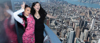 NEW YORK, NEW YORK - JULY 02: (L-R) Kylie Cantrall and Malia Baker pose as the cast of "The Descendants" visits the Empire State Building on July 02, 2024 in New York City. (Photo by Dimitrios Kambouris/Getty Images for Empire State Realty Trust)