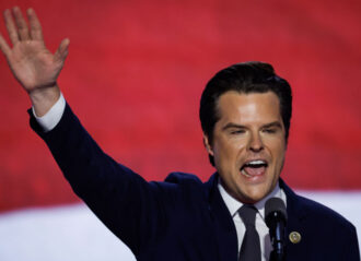 MILWAUKEE, WISCONSIN - JULY 17: U.S. Rep. Matt Gaetz (R-FL) walks on stage on the third day of the Republican National Convention at the Fiserv Forum on July 17, 2024 in Milwaukee, Wisconsin. Delegates, politicians, and the Republican faithful are in Milwaukee for the annual convention, concluding with former President Donald Trump accepting his party's presidential nomination. The RNC takes place from July 15-18. (Photo by Chip Somodevilla/Getty Images)