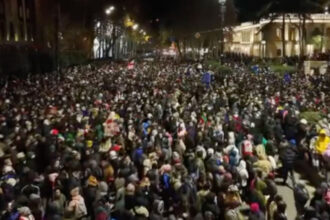 VIDEO: Drone Footage Shows Protesters Pointing Laser Lights at Police in Tbilisi