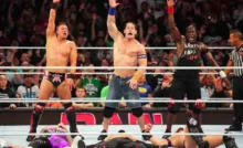 PHILADELPHIA, PENNSYLVANIA - APRIL 08: The Mix, John Cena, and R-Truth in action against the Judgment Day at the Wells Fargo Center on April 8, 2024 in Philadelphia, Pennsylvania. (Photo by WWE/Getty Images)